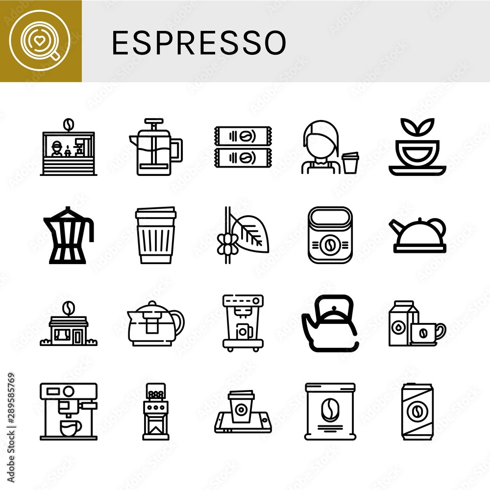 Set of espresso icons such as Coffee, Coffee shop, French press, Instant coffee, Barista, Herbal tea, maker, Paper cup, Teapot, machine, cup, grinder , espresso