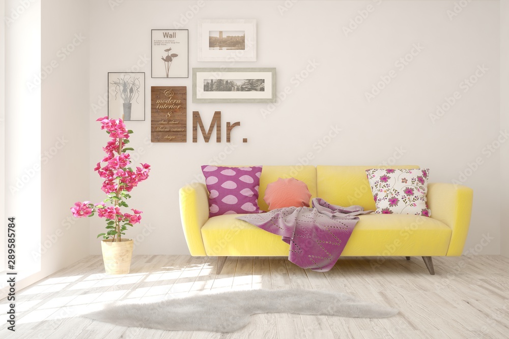 Obraz premium Stylish room in white color with sofa. Scandinavian interior design. 3D illustration