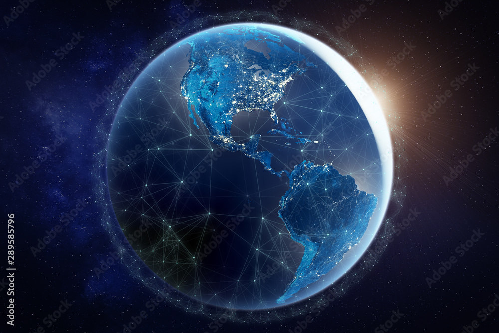 Internet network for fast data exchange over America from space, global telecommunication satellite around the world for IoT, mobile web, financial technology, 3d render, Earth elements from NASA - obrazy, fototapety, plakaty 