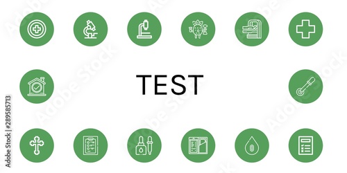 Set of test icons such as Red cross, Microscope, Scientific, Mri, Cross, Diagnosis, Eyedropper, Check, Blood type, Checklist, Pipette , test