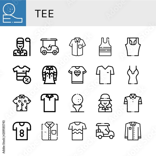 Set of tee icons such as Golf ball, Golfer, Golf cart, Shirt, Sleeveless shirt, Tshirt, Polo shirt, T , tee