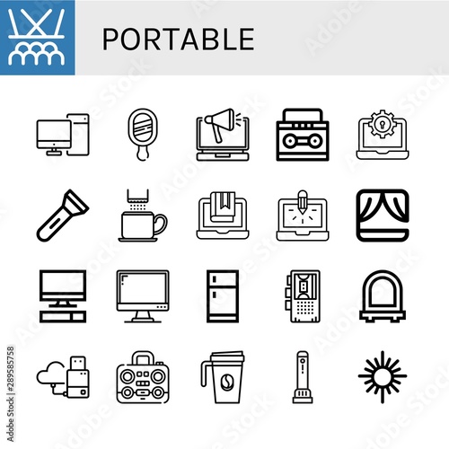 Set of portable icons such as Stage, Computer, Mirror, Laptop, Walkman, Flashlight, Coffee cup, Monitor, Fridge, Dictaphone, Flash drive, Boombox , portable