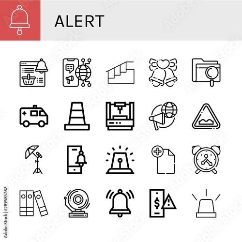 Set of alert icons such as Bell, Notification, Megaphone, Stairs, Bells, File, Ambulance, Cone, Laser, Uneven, Reflector, Alarm, Alarm clock, Files, School bell, Risk , alert