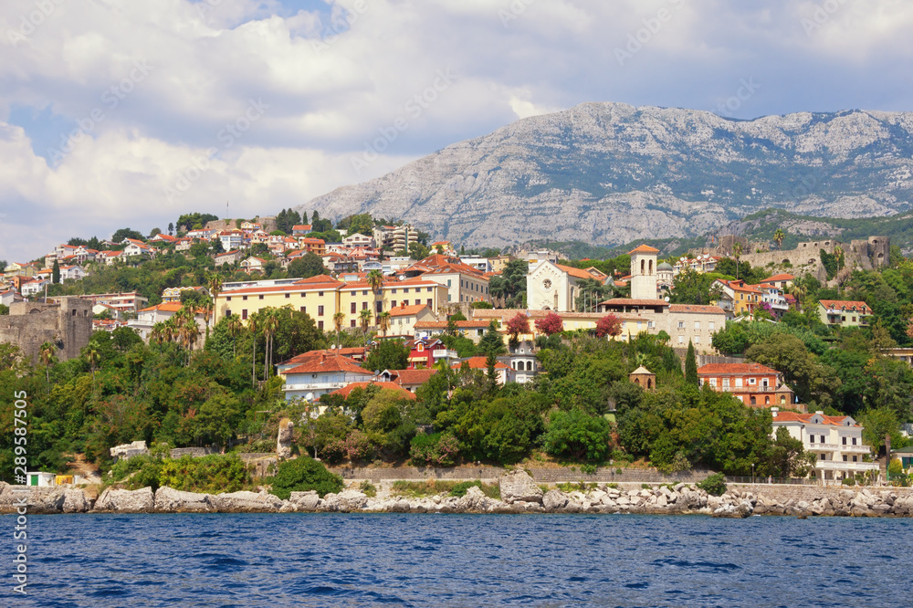 Beautiful Mediterranean landscape. Montenegro, Adriatic Sea. View of  Herceg Novi city from sea
