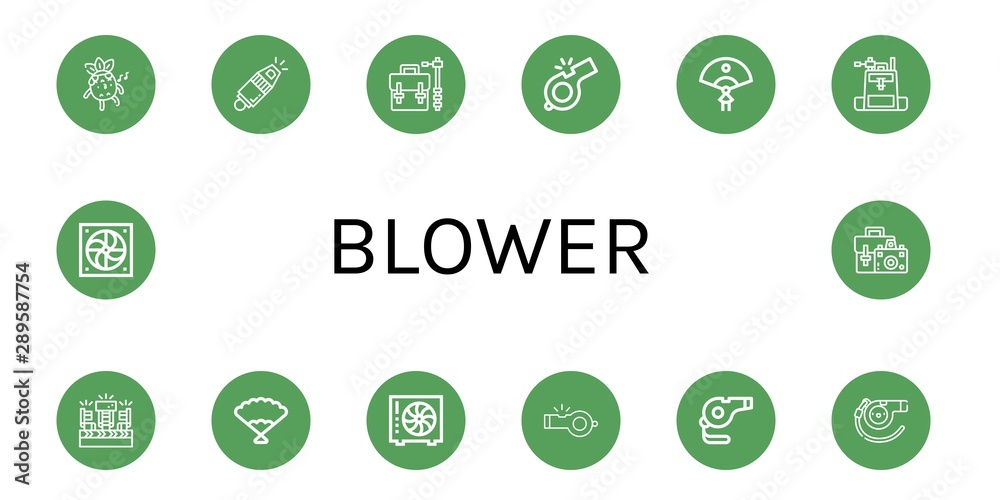 Set of blower icons such as Whistle, Camera bag, Fan, Fans , blower Set of blower icons such as Whistle, Camera bag, Fan, Fans , blower