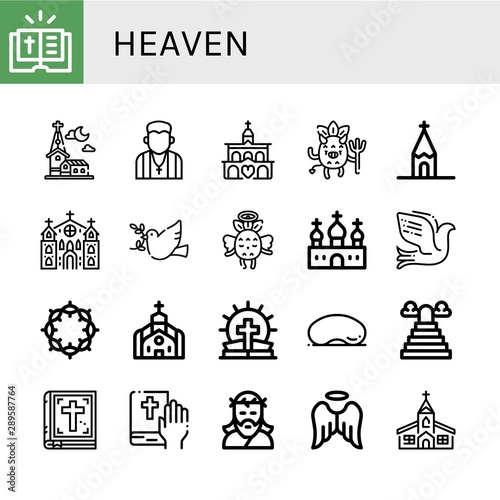 Set of heaven icons such as Bible, Church, Pastor, Devil, Dove, Angel, Crown of thorns, Cloud gate, Heaven, Jesus , heaven