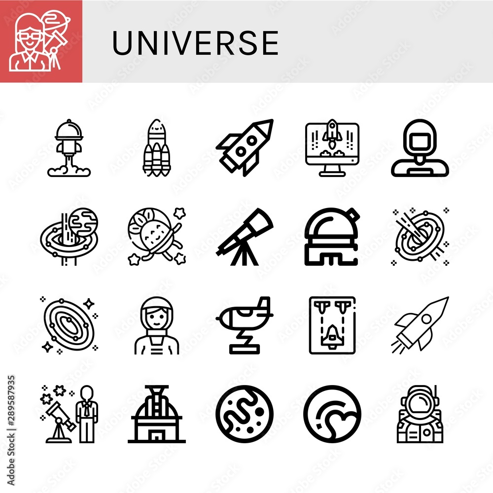 Fototapeta Set of universe icons such as Astronomer, Rocket, Astronaut, Black hole, Telescope, Observatory, Space, Galaxy, Spaceship, Stargazing, Mars, Pluto , universe