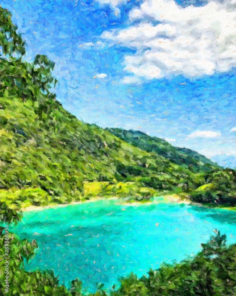 Digital mountains view oil painting with real brush strokes effect. Contemporary impressionism mixed style wall art print. Power of nature scene. Vacation postcards and prints design. Beauty artwork. Digital mountains view oil painting with real brush strokes effect. Contemporary impressionism mixed style wall art print. Power of nature scene. Vacation postcards and prints design. Beauty artwork.