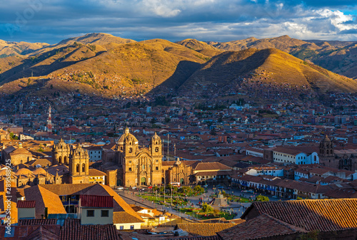 Fotografie, Obraz An aerial view of the Plaza de Armas main square of Cusco at sunset, Peru