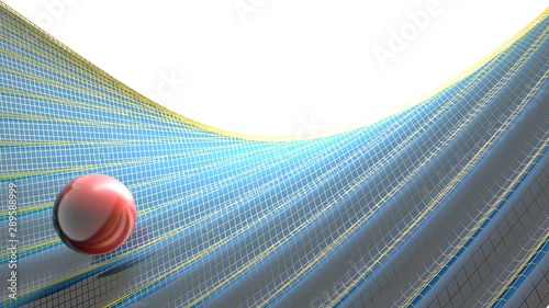 Red glossy sphere over a blue waving sufrace with yellow grid - 3D rendering illustration photo