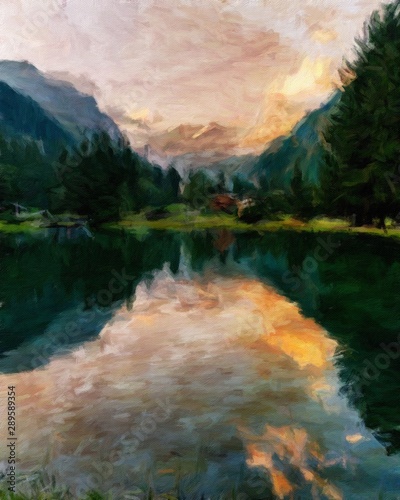 Digital mountains view oil painting with real brush strokes effect. Contemporary impressionism mixed style wall art print. Power of nature scene. Vacation postcards and prints design. Beauty artwork.