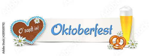 Oktoberfest Banner, Lebkuchen Herz mit Bier, Brezel und Edelweiss,  Vektor Illustration isoliert auf weißem Hintergrund