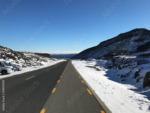 Bruce Road on Mt Ruapehu surrounded in snow