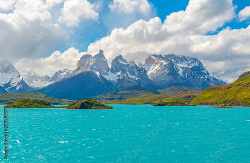 The turquoise colors of lake Pehoe with the Paine massif in the background  Torres del Paine national park  Patagonia  Chile.