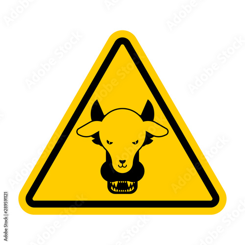 Attention Wolf in sheep's clothing. Warning yellow road sign. Caution Hypocrite. Danger Trickster and liar