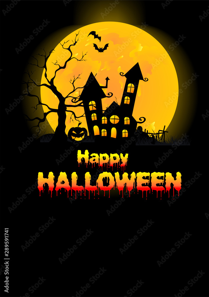 Festive black poster for Halloween  with a yellow moon, with an evil pumpkin and a house with bats