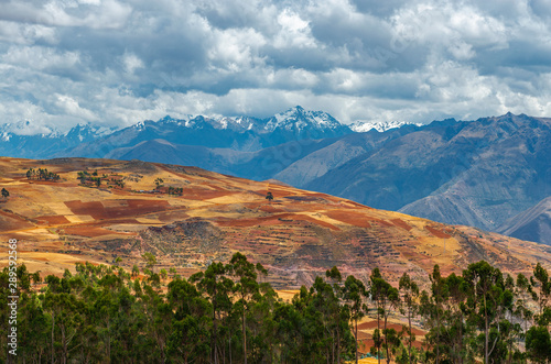 Agriculture landscape with terraced fields in rural villages of the Sacred Valley of the Inca, Cusco Region, Peru.