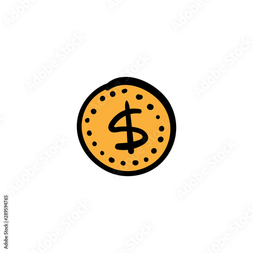 Dollar coin doodle, sketch vector illustration.