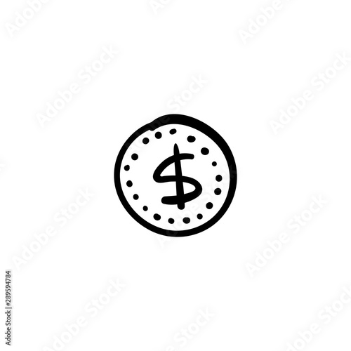 Dollar coin doodle, sketch vector illustration.