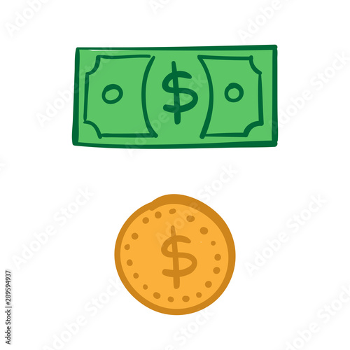 Dollar bill and coin doodles. Hand drawn cash money symbols.