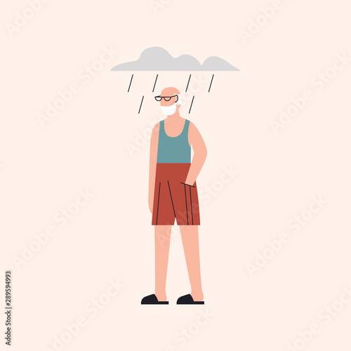 Old man standing in shorts and shirt under cloud and rain. Elderly man showing poor judgment. Man dressed inappropriate to weather. Flat vector illustration