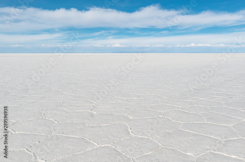 The salt flat of Uyuni (Salar de Uyuni) in the altiplano of Bolivia near the mining town of Uyuni. 