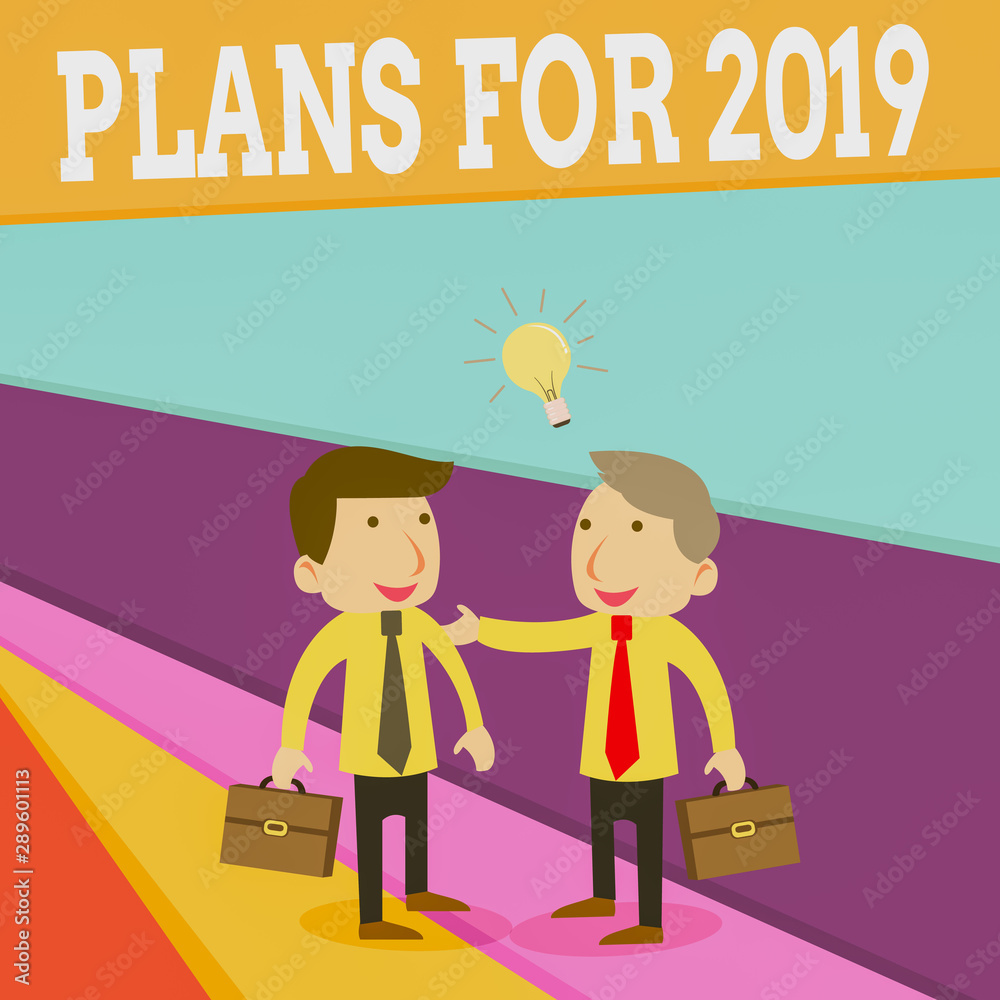 Word writing text Plans For 2019. Business photo showcasing an intention or decision about what one is going to do Two White Businessmen Colleagues with Brief Cases Sharing Idea Solution Word writing text Plans For 2019. Business photo showcasing an intention or decision about what one is going to do Two White Businessmen Colleagues with Brief Cases Sharing Idea Solution