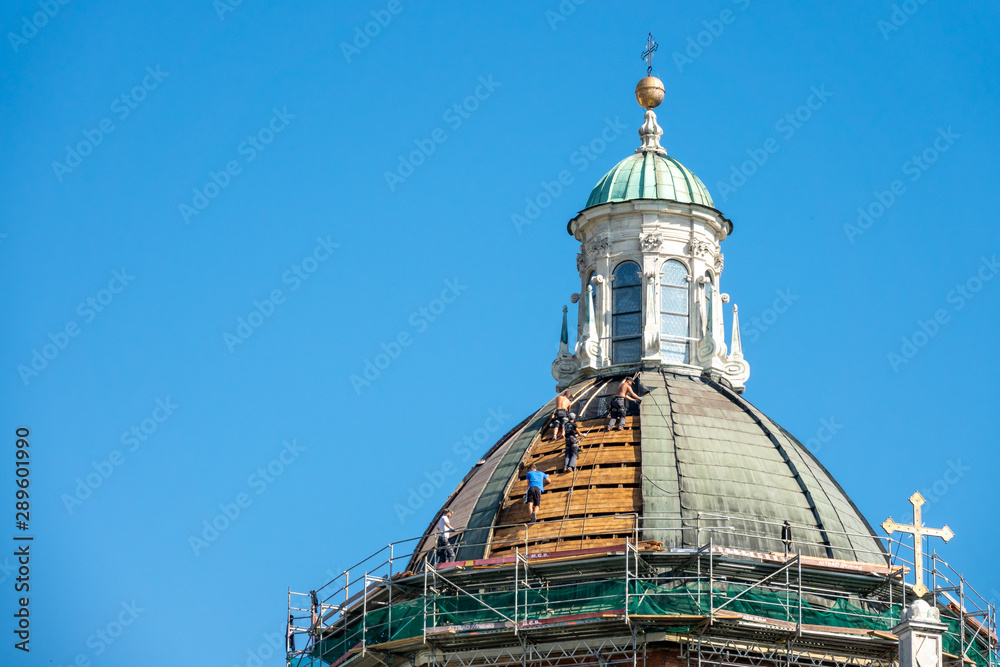 Repair of the tower of the Catholic Church in Krakow, Poland
