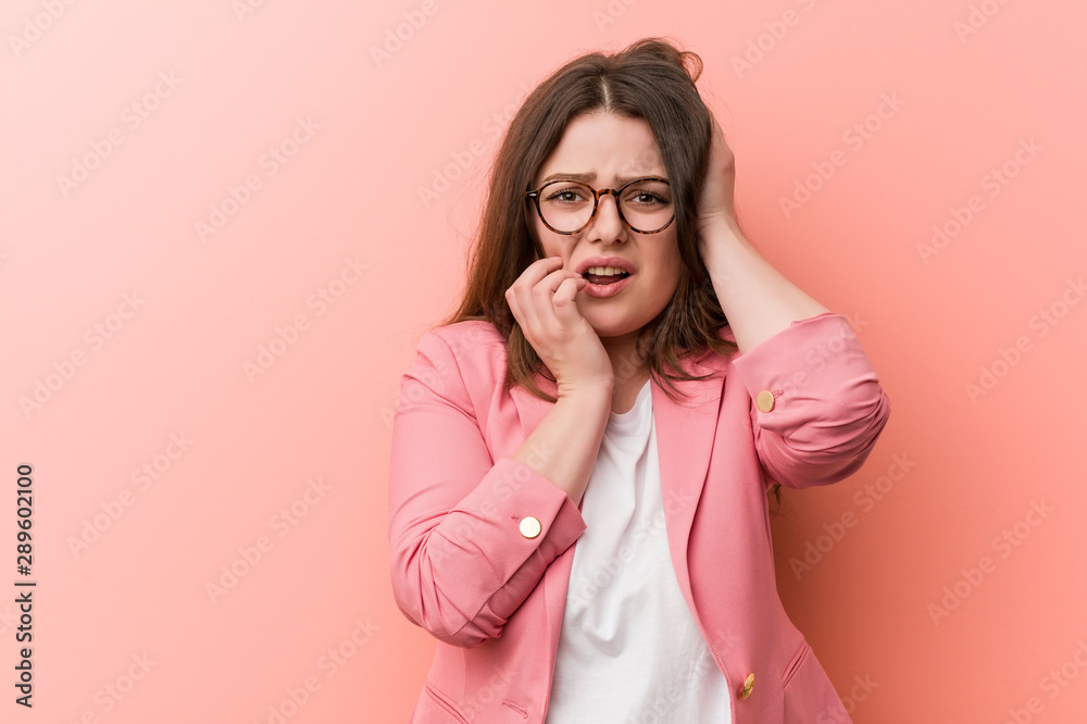 Young plus size business caucasian woman whining and crying disconsolately. Young plus size business caucasian woman whining and crying disconsolately.