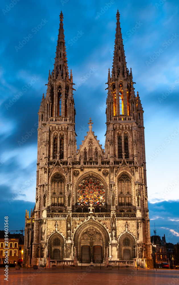 The facade of the Neo gothic style Peter and Paul church during the blue hour, Ostend (Oostende) City, Belgium.