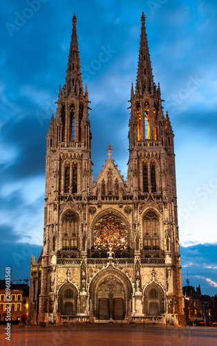 The facade of the Neo gothic style Peter and Paul church during the blue hour, Ostend (Oostende) City, Belgium.
