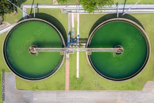 Aerial view of The Solid Contact Clarifier Tank type Sludge Recirculation in Water Treatment plant in factory.