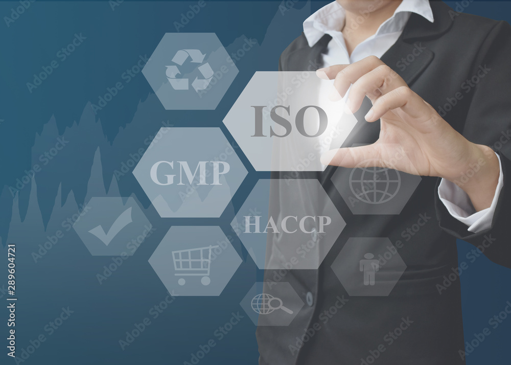 businesswoman showing presentation Food System Industries(ISO, GMP, HACCP) concept for use in company. businesswoman showing presentation Food System Industries(ISO, GMP, HACCP) concept for use in company.