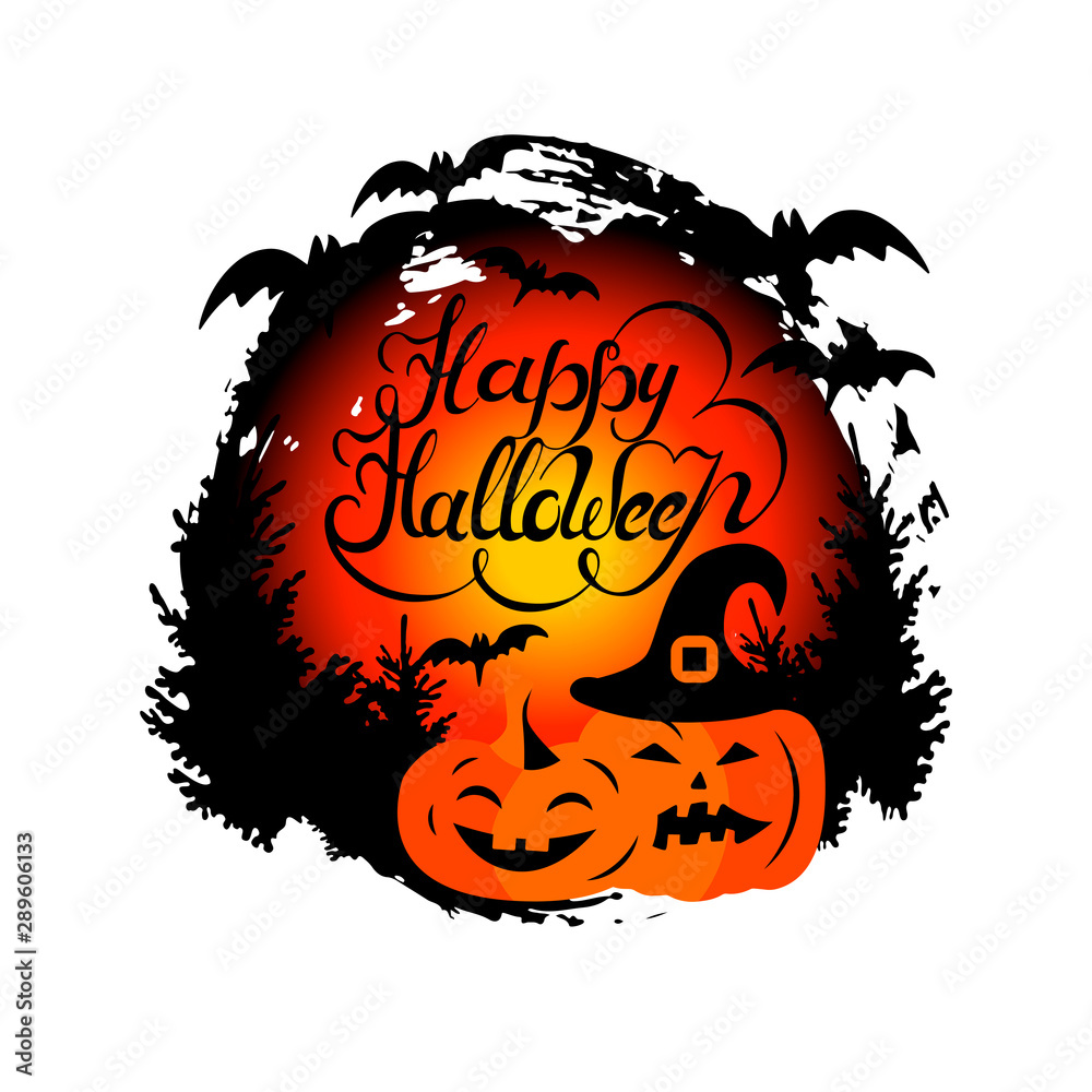 Happy Halloween hand drawn lettering with red moon, bats and pumpkins. Vector illustration. Great for greeting card, print, party invitation, t-shirt design, flyer. Happy Halloween hand drawn lettering with red moon, bats and pumpkins. Vector illustration. Great for greeting card, print, party invitation, t-shirt design, flyer.
