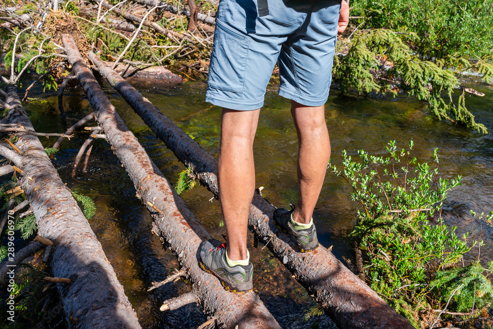 Log fallen tree dangerous crossing with man standing on pond stream lake at Snowmass creek on hiking trail in Colorado in July 2019 summer Log fallen tree dangerous crossing with man standing on pond stream lake at Snowmass creek on hiking trail in Colorado in July 2019 summer