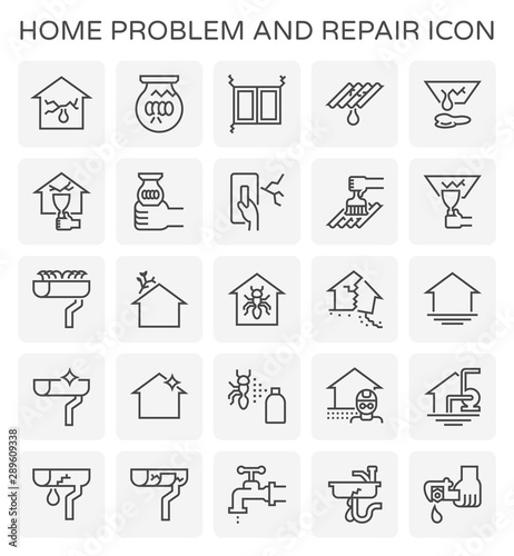 House problem and repair vector icon consist of building, rain gutter, roof, wall, ceiling to crack, damage, broken from old, disaster. Result in water leak. To fix, maintenance. Editable stroke.