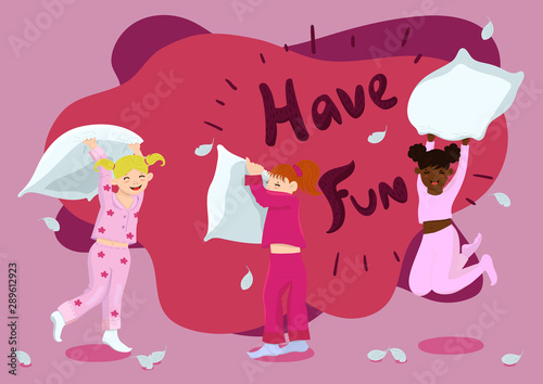 Pillow fight girls. Illustration in pink colors. Vector graphics.