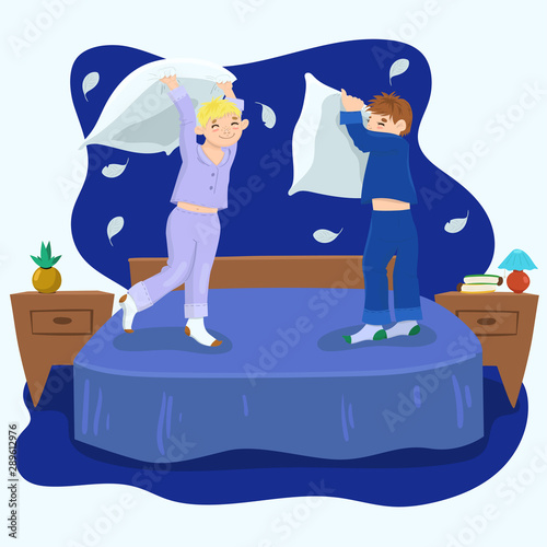 Boy pillow fight. Illustration in blue colors. Vector graphics.