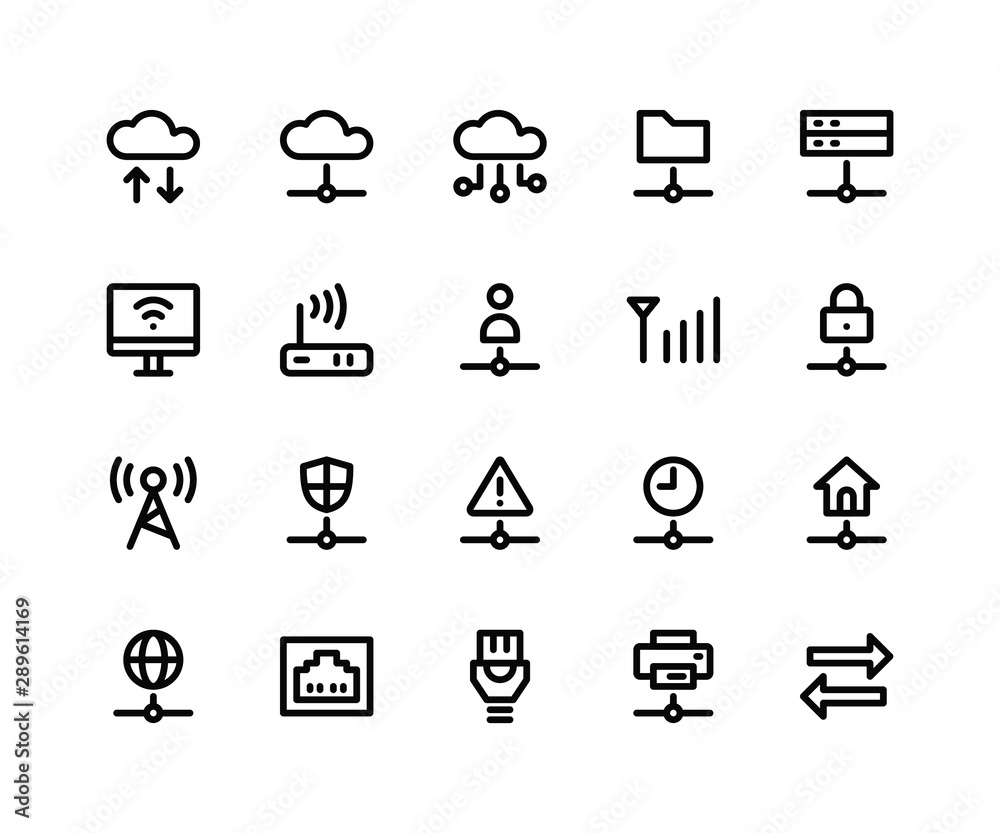Simple Set of Network Related Vector Line Icons. Contains such Icons as cloud, server, modem, antenna and More. pixel perfect vector icons based on 32px grid. Editable Strokes Simple Set of Network Related Vector Line Icons. Contains such Icons as cloud, server, modem, antenna and More. pixel perfect vector icons based on 32px grid. Editable Strokes