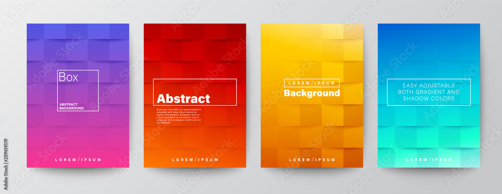 Set of square pattern on colorful red, purple, yellow, blue gradient background. Abstract minimal design template for Brochure, Flyer, Poster, leaflet, Annual report, Book cover, A4 size Set of square pattern on colorful red, purple, yellow, blue gradient background. Abstract minimal design template for Brochure, Flyer, Poster, leaflet, Annual report, Book cover, A4 size