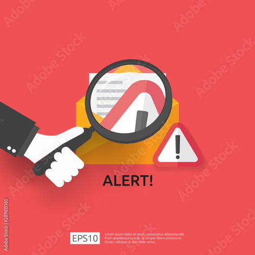 email envelope attention warning attacker alert sign with exclamation mark. internet danger concept. shield line icon for VPN. Technology cyber security protection vector illustration.