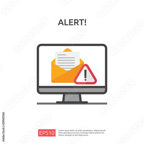 email envelope attention warning attacker alert sign with exclamation mark. internet danger concept. shield line icon for VPN. Technology cyber security protection vector illustration.