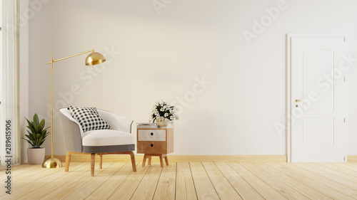 Modern mid century and minimalist interior of living room ,Living gray decor concept,vintage gray armchair with wood table on concrete floor ,3d render