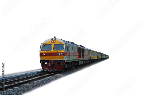 Yellow locomotive train on railroad tracks with platform on white background.