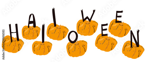 Vector illustration of a lot of pumpkins and the inscription in black curved letters halloween for greeting card banner signboard poster shop