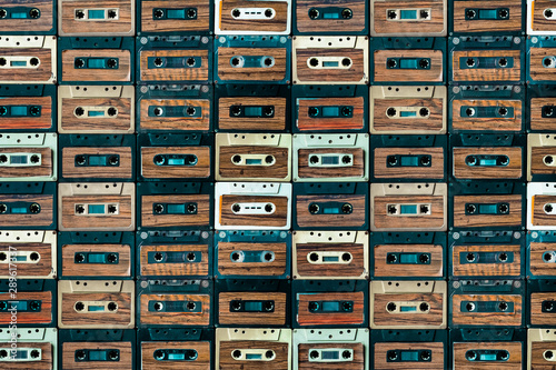 analog music cassette tape collection viewed from above