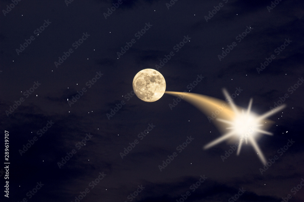 Fototapeta premium .The moon has stars all around and the light rushes in.