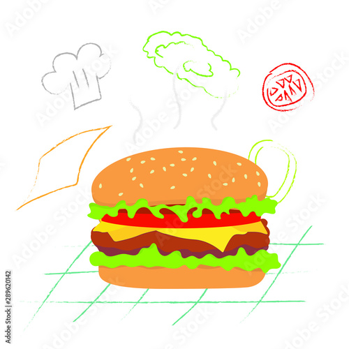 Delicious hamburger with tomato  lettuce  and cheese on line art backgroung.