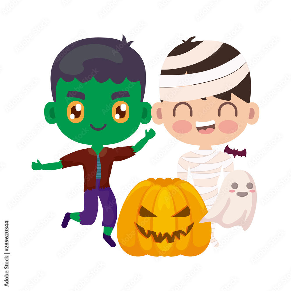 cute children disguised with icons halloween