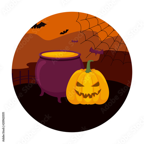 scene of cauldron with icons halloween